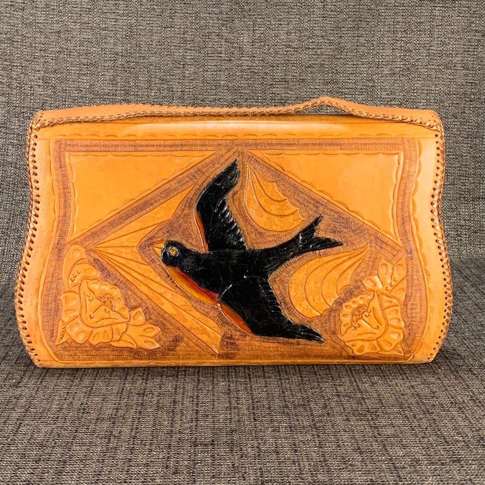 Vintage Hand Tooled Leather Noami Purse - floral large case handmade handbag